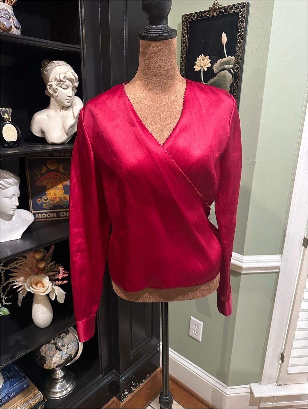 Vintage Talbots Pure Silk Red Beaded Wrap Blouse Size 6